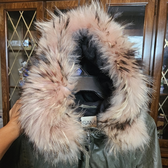 SAM. New York Women's Coat Size S PINK RACCOON FUR HOODIE Army Green Jacket - Picture 7 of 15